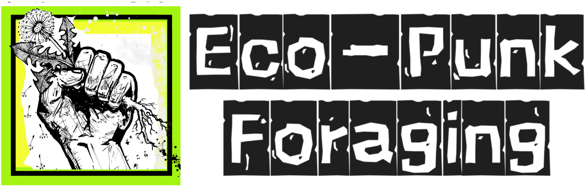 the eco-punk foragers logo, a black and white illustration of a raised fist clenching a dandelion
